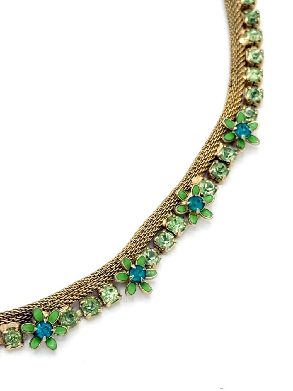 Vintage Floral Rhinestone Choker Necklace Green Gold Enamel Flower Mid Century